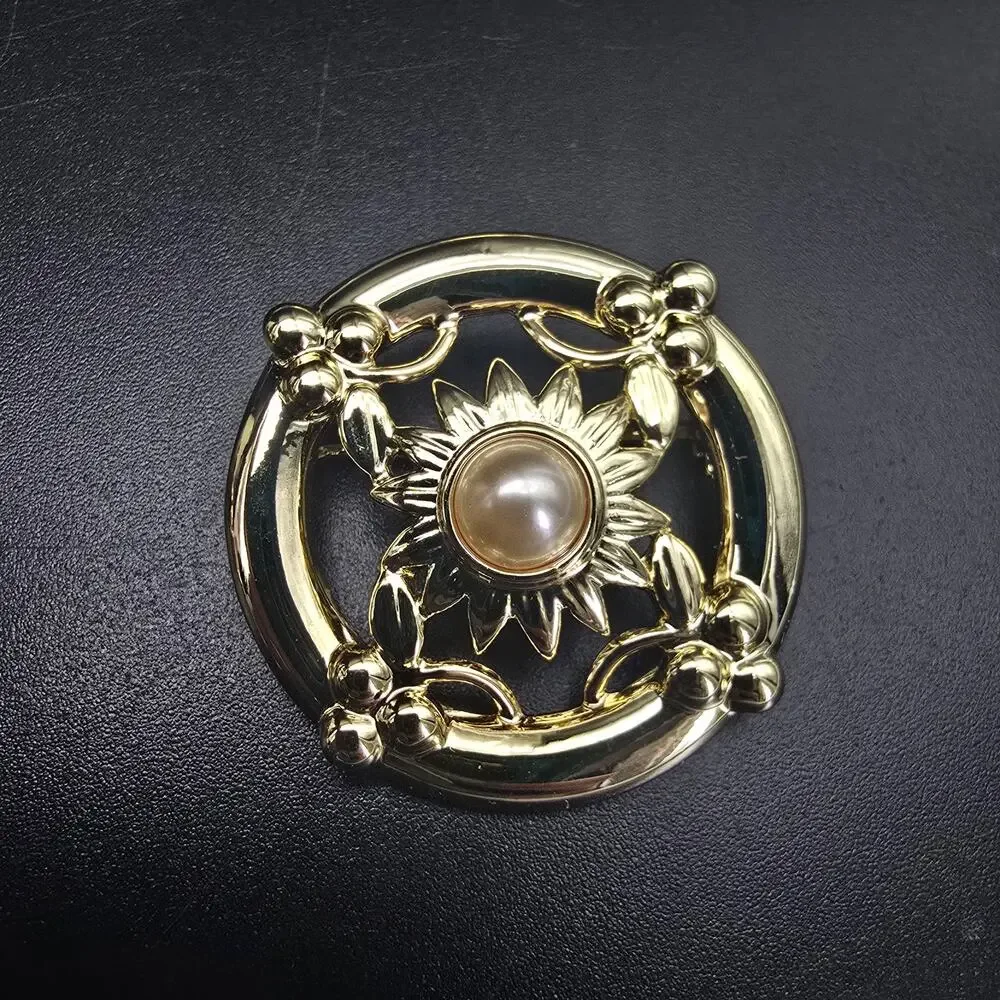 Danecraft Gold Tone Faux Pearl Brooch Round Circle Timeless Classsic